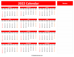 2022 yearly calendar notes red style