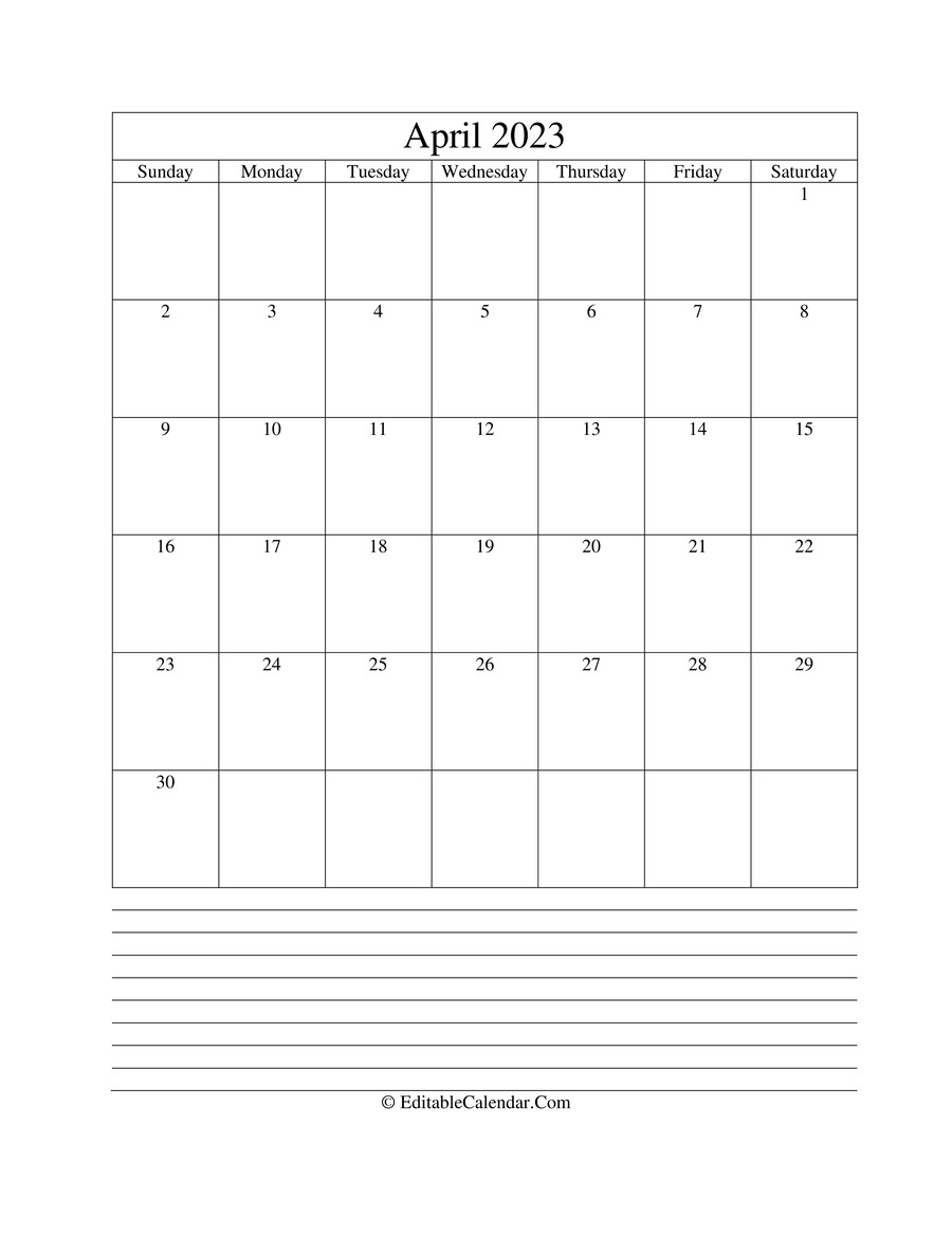 Editable Calendar April 2023