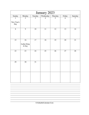 2023 calendar january with holidays and notes portrait
