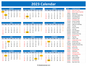 2023 printable calendar holidays blue style