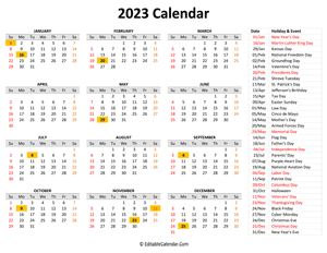 2023 printable calendar with holidays
