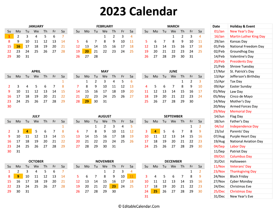 2023 printable calendar holidays