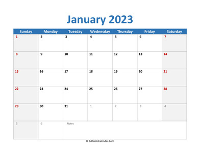 2023 printable calendar january