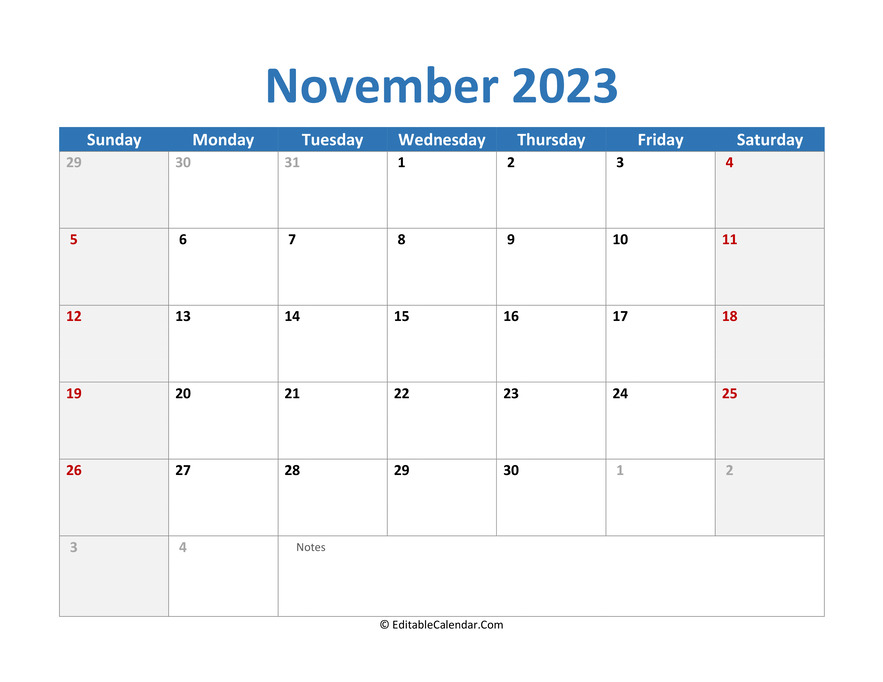 2023 printable calendar november