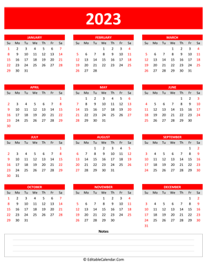 2023 yearly calendar notes portrait red style