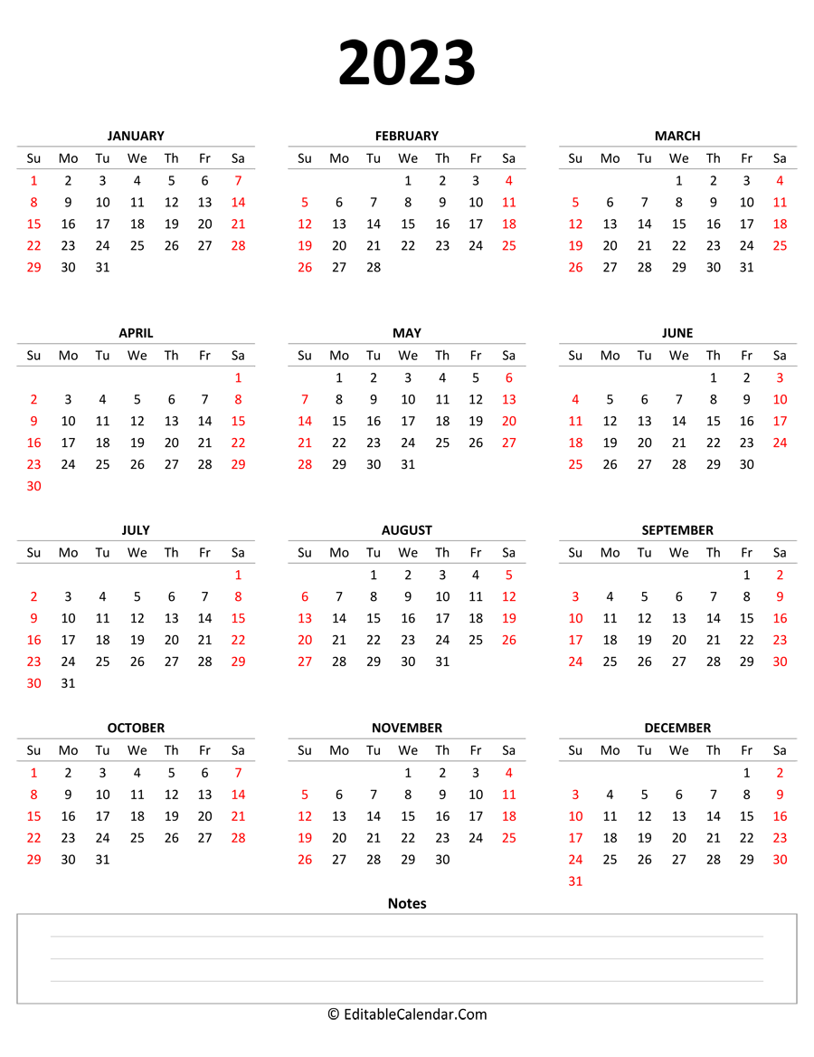 2023 Yearly Calendar with Notes (Portrait Orientation)