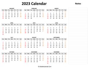 2023 yearly calendar with notes