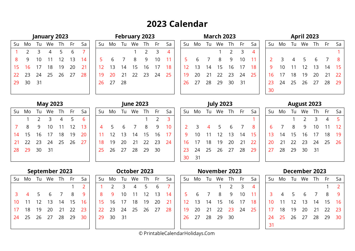 2023 yearly calendar week starts sunday