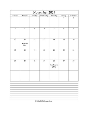 2024 calendar november with holidays and notes portrait