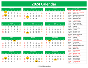 2024 printable calendar holidays green style