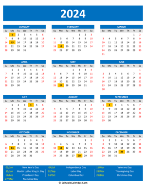 2024 printable calendar holidays portrait blue style