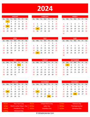 2024 printable calendar holidays portrait red style
