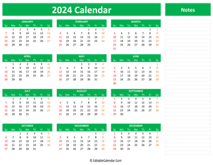 2024 yearly calendar notes green style