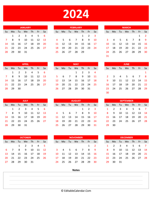2024 yearly calendar notes portrait red style