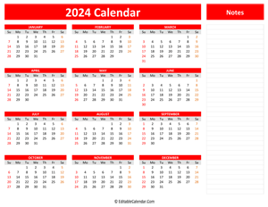 2024 yearly calendar notes red style
