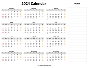 2024 yearly calendar with notes