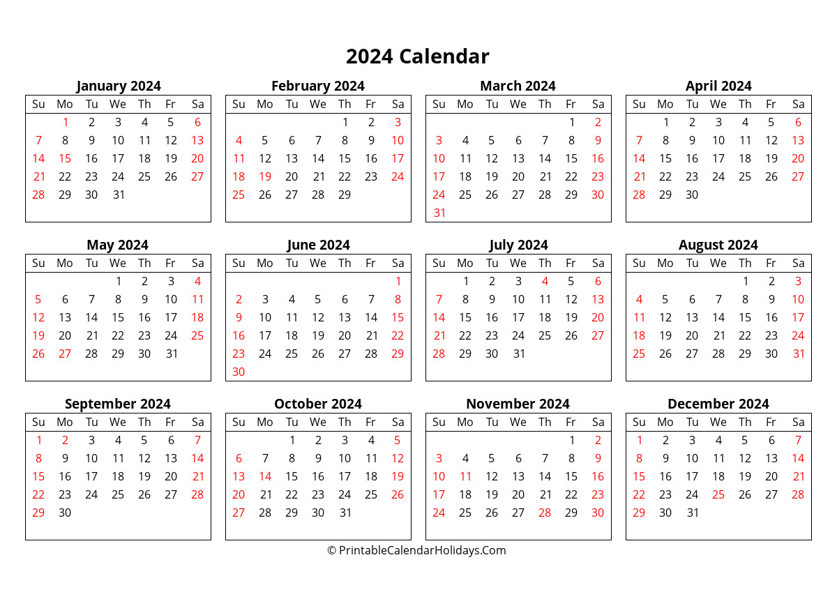 2024 yearly calendar week starts sunday