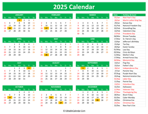 2025 printable calendar holidays green style