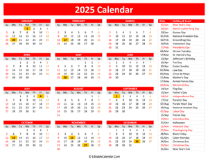 2025 printable calendar holidays red style