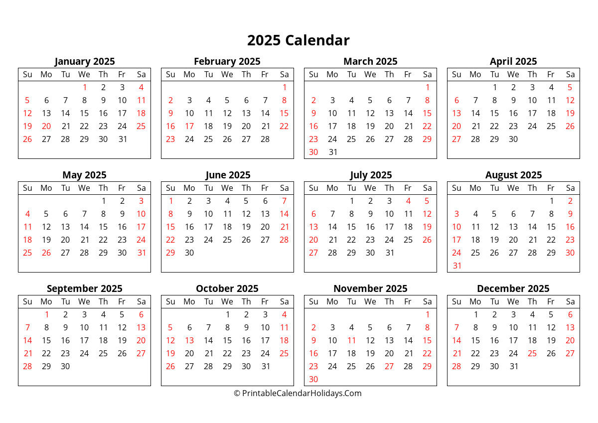 2025 Calendar On One Page Printable
