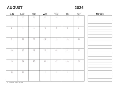 2026 august calendar printable