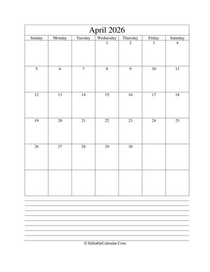 2026 calendar april with holidays and notes (portrait layout)