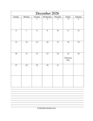2026 calendar december with holidays and notes portrait