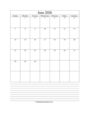 2026 calendar june with holidays and notes portrait