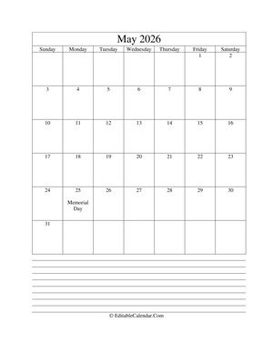 2026 calendar may with holidays and notes (portrait layout)