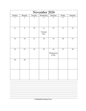 2026 calendar november with holidays and notes portrait