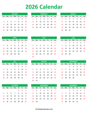 2026 calendar portrait green style