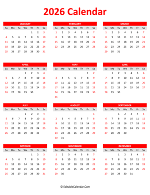 2026 calendar portrait red style
