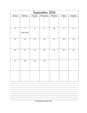 2026 calendar september with holidays and notes (portrait layout)