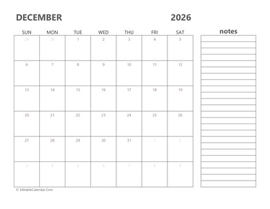 2026 december calendar printable