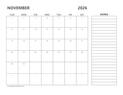 2026 november calendar printable