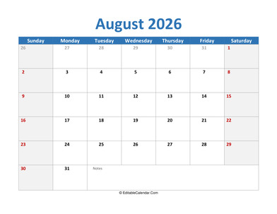 2026 printable calendar august