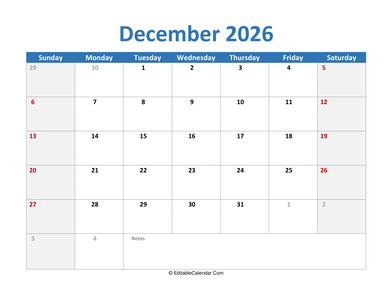 2026 printable calendar december