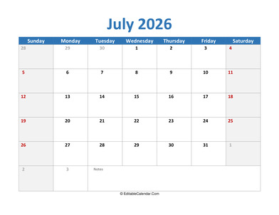 2026 printable calendar july