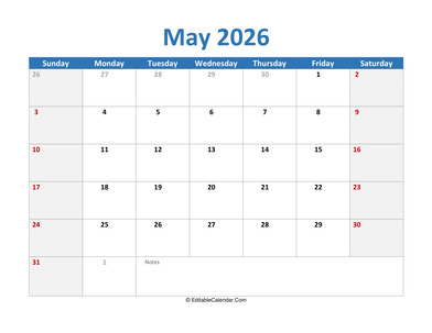 2026 printable calendar may