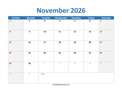 2026 printable calendar november