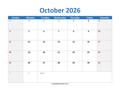 2026 printable calendar october