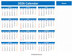 2026 yearly calendar notes blue style