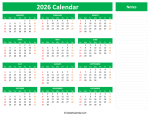 2026 yearly calendar notes green style
