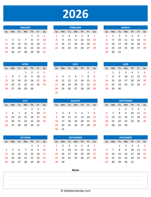 2026 yearly calendar notes portrait blue style