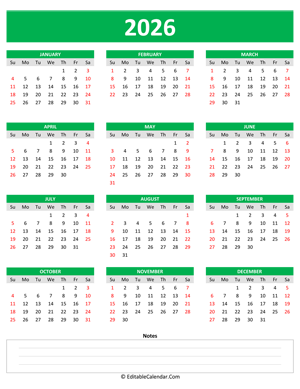 2026 yearly calendar notes portrait green style