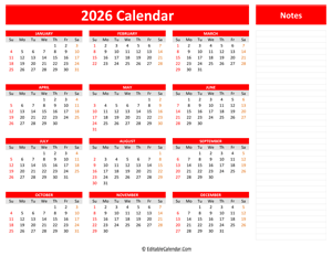 2026 yearly calendar notes red style