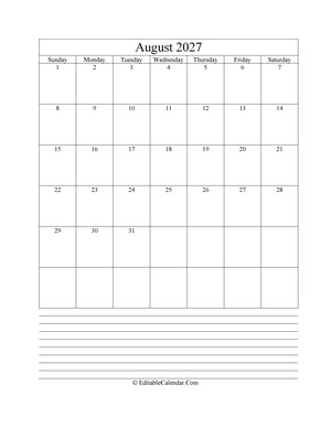 2027 calendar august with holidays and notes portrait