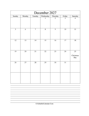 2027 calendar december with holidays and notes portrait