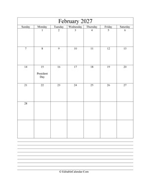 2027 calendar february with holidays and notes (portrait layout)