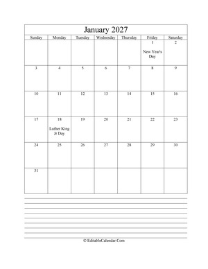 2027 calendar january with holidays and notes portrait